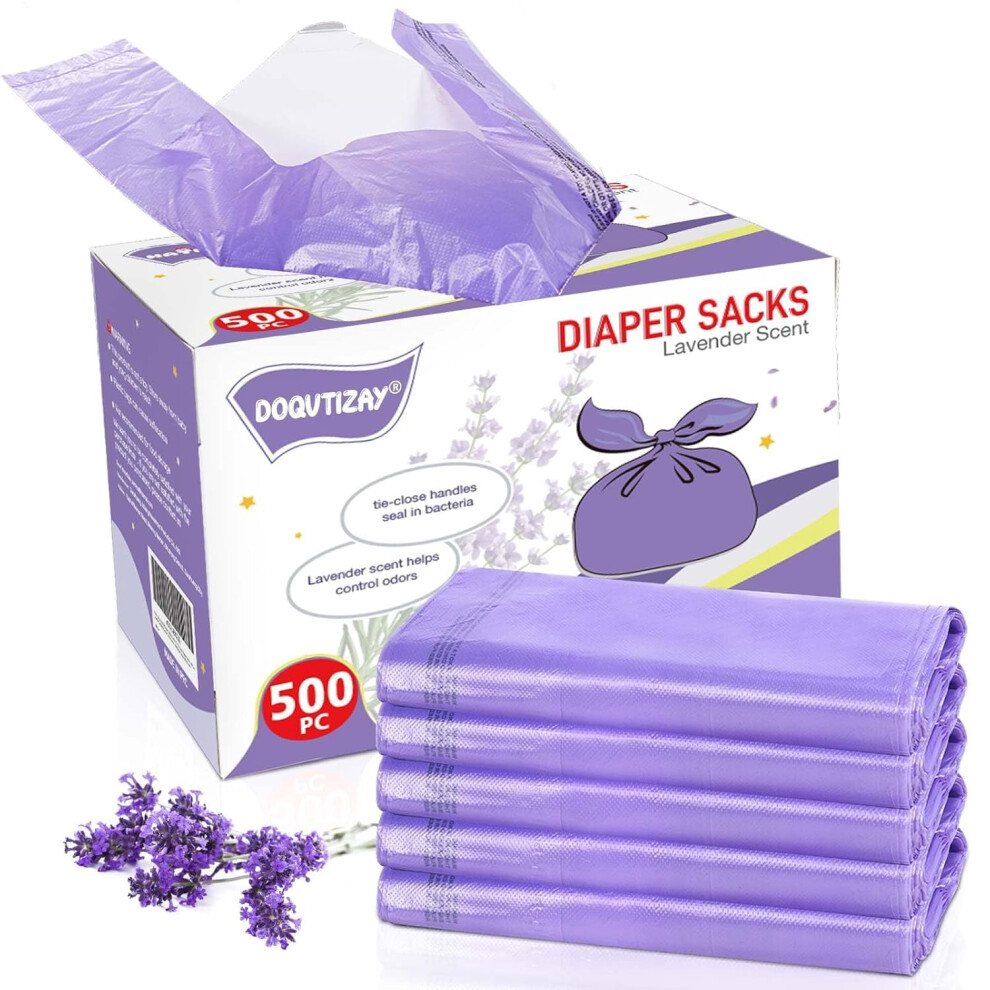 Baby Disposable Diaper Bags Easy-To-Tie Tabs Diaper Sacks With Scented Diaper Disposal Or Pet Waste Bags (500 Count) Lavender