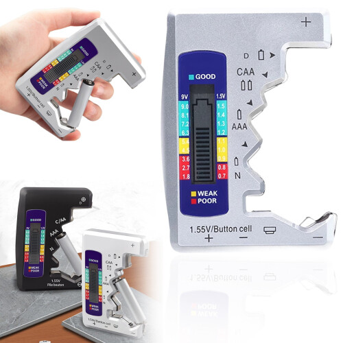 Battery Tester, Universal Battery Checker Small Battery Testers for AAA AA C D 9V 1.5V Button Cell, Silver