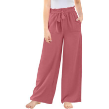 Lightweight Linen Pants for Girls, Elastic Waist, Loose Fit Casual Playwear – Compatible with School Kids Clothes, Brick Red, Size 5-6 Years