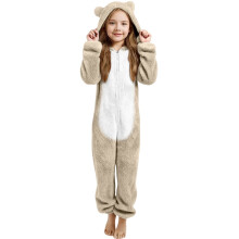 Bear Ear Plush Lined Thickened One-Piece Pyjama Set + Hooded Pyjama Set One-Piece Pyjamas Ages 3-12,130,Beige