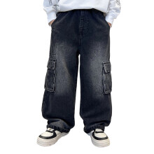 Pants for Boys,Baggy Jeans Wide Leg Elastic Waist Multiple Pockets Cargo Denim Pants Casual Trousers for Kids,Boys Jeans,12 Black,5-6 Years