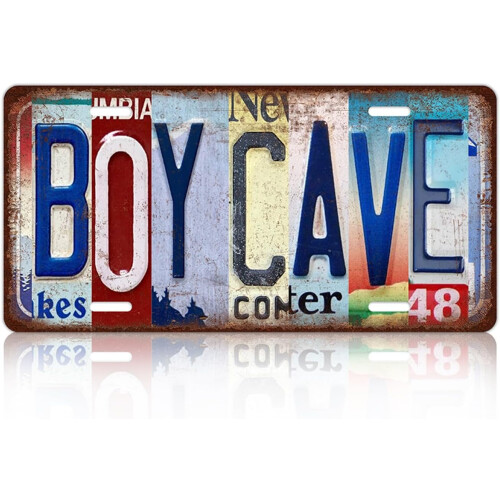 Vintage Boy Cave Μεταλλική πινακίδα κυκλοφορίας σε σχήμα τενεκεδένιου διακοσμητικού