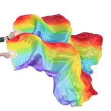 Women 1 Pair (Left+Right) Silk Belly Dance Fans Veil Belly Dancing Long Folding Fans Length 150 cm(Vertical Rainbow)