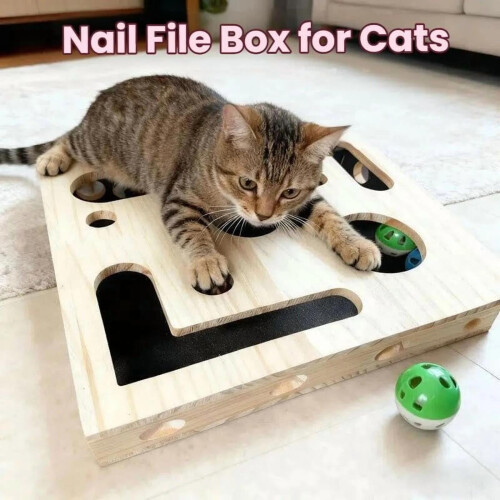 Kattnagelfilslåda med klockbollar och sandpapper