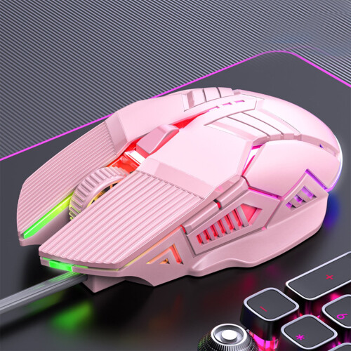 Wired Gaming Mouse with 4-Speed DPI, RGB Lighting, Macro Programmable, Ergonomic ABS, Pink/White, Compatible with Multi-Device 2
