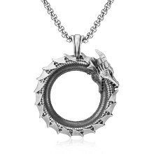 Collana con ciondolo a forma di drago vintage in latta placcata argento, unisex