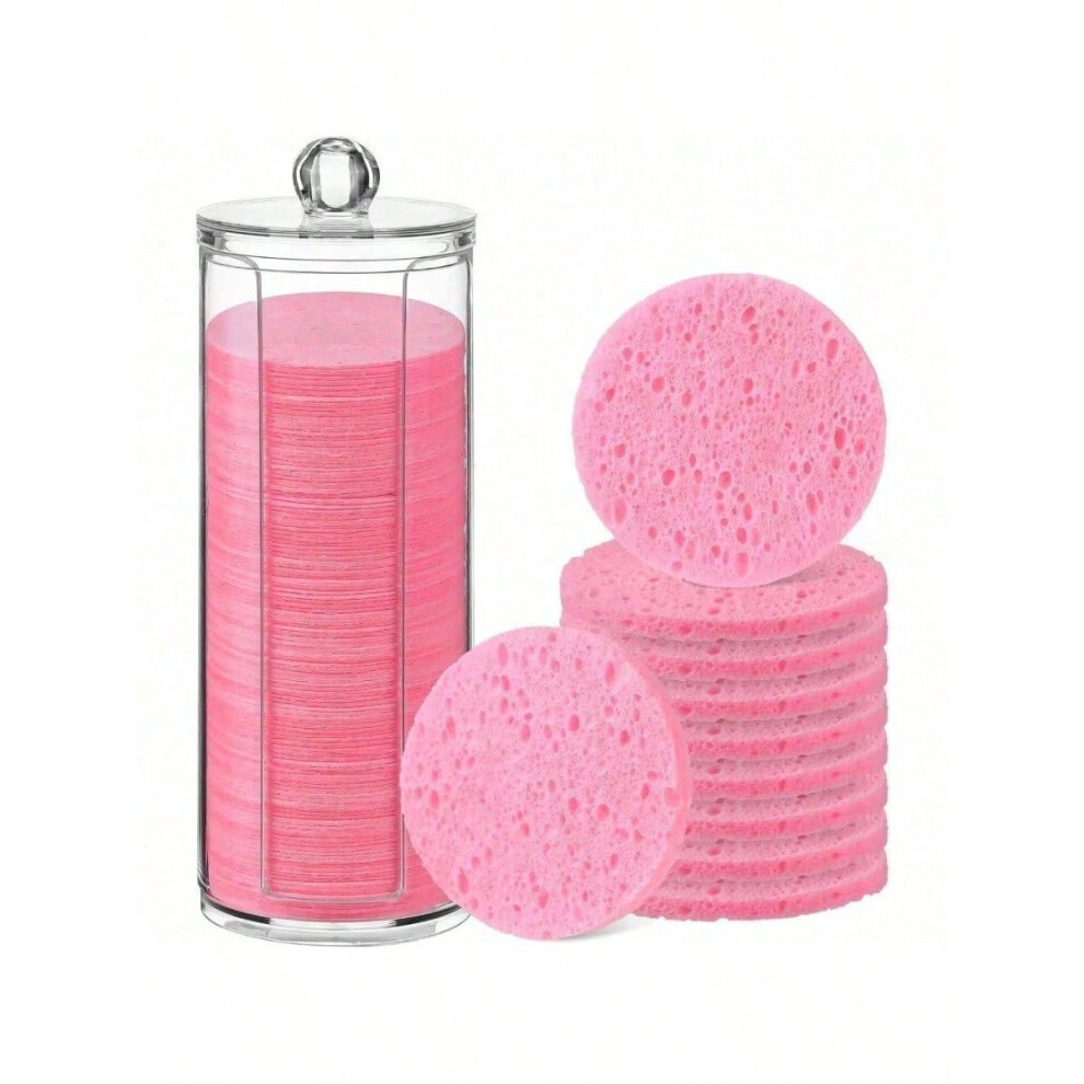 Pink 120Pcs Compressed Facial Sponges, Natural Exfoliator, Disposable Round Scrubber Pads With Storage Container For Cleansing & Makeup Removal (Pink)