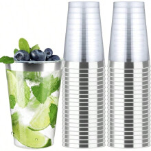 200pcs 12oz Clear Plastic Cups with Silver Rim – Disposable Wine, Juice & Cocktail Cups for Parties, Weddings, Cold Beverages