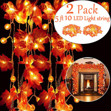 Luci decorative per il Giorno del Ringraziamento, zucche e acero, confezione da 2, 1,5 m, 10 LED