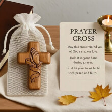 Hand Carved Wooden Pocket Prayer Set with Card