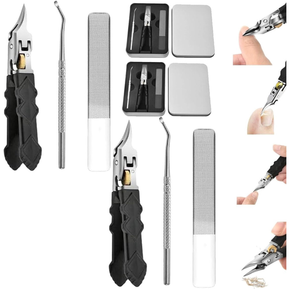 Black Anti-Slip Grip Gear Lock Nail Clipper Set, Ingrown Toenail Clippers, Angled with Ultra-Sharp TipsâCompatible with Seniors & Men