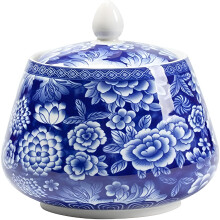 Sucrier en céramique bleue et blanche avec couvercle et cuillère