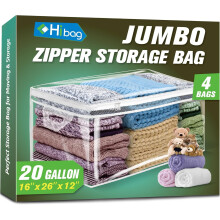 Sac de rangement pour vêtements à fermeture éclair de 20 gallons, organisateur transparent avec poignées renforcées – Lot de 4 (Compatible