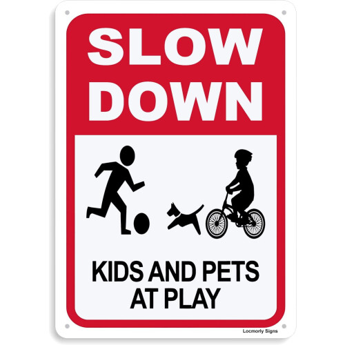 Πινακίδα αλουμινίου "Slow Kids Pets at Play", 8x12 ιντσών, για γειτονιές δρόμου και γκαζόν
