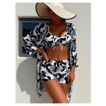 Set de 3 piese pentru costum de baie cu imprimeu geometric - Costume de plajă alb-negru pentru femei - Costume de baie casual de vară - Ținută de