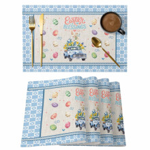 Set de 12 sets de table de Pâques – Lapin, œuf et fleurs bleues, en lin, antidérapants, lavables, pour usage intérieur/extérieur