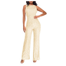 Pailletten-Jumpsuit mit Rundhalsausschnitt, schulterfrei, hochtailliert, ärmellos, figurbetont, langes Bein, einfarbig, funkelnd, beige, Größe XL