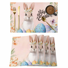 Set de 8 sets de table « Joyeuses Pâques » – Lapin, œuf bleu et fleurs orange, antidérapants, lavables, pour usage intérieur/extérieur