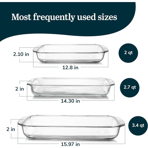 Basics 3-Piece Rectangular Glass Casserole Baking Dish Set, Clear, 2 Qt, 2.7 Qt, 3.4 Qt, Transparent, Stackable, Dishwasher Safe 2