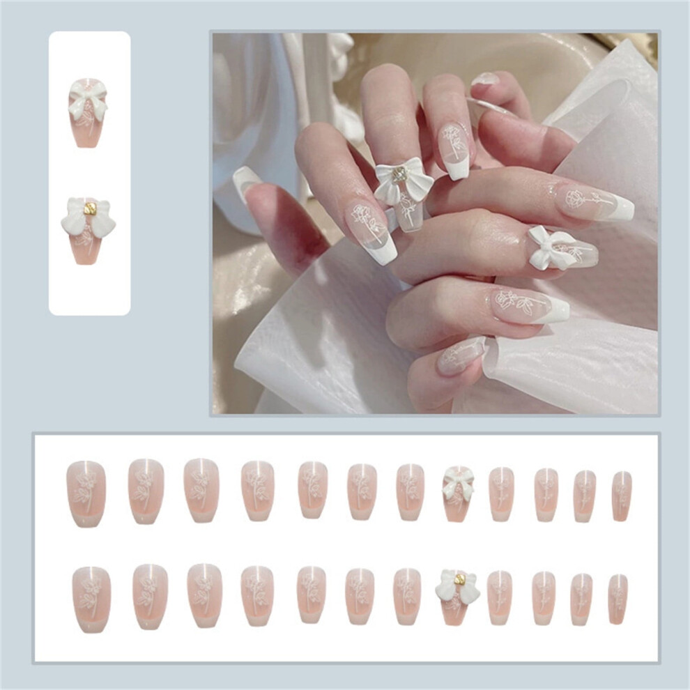 24Pcs Press On Nails French Heart And Bowknot Pattern 3D Fake Nails Pieces With Glue 1ml