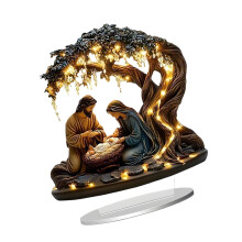 Christmas Nativity Scene Decoration Sacred Holy Family with Warm LED Lighted Tree Resin Ornament Spiritual Gift Giving