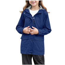 Girls' Waterproof, Rainproof and Breathable Softshell Jacket with Hooded Trench Coat (5-14 Years),150,Navy