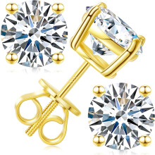 Moissanite Stud Earrings, Screw Back, 3–10mm, D Color VVS1, 18K Gold Plated S925 Silver, Lab-Created, Compatible with Women & Men