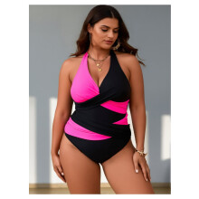 Plus Size One Piece Swimsuit Tummy Control Color Block