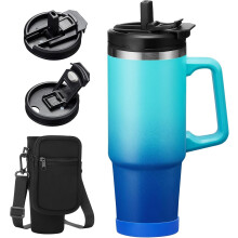 Gobelet isotherme étanche de 887 ml (30 oz) avec poignée, couvercle à clapet et paille – Pochette et housse incluses – Acier inoxydable,