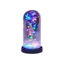 Cadeau de Saint-Valentin pour femme : Rose violette préservée sous cloche en verre avec guirlande lumineuse florale – 25 cm x 11 cm