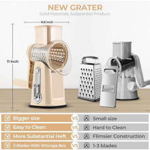 Rotary Cheese Grater with Handle, 5 Blades & Suction Base – Round Mandoline Slicer & Food Chopper for Kitchen, Includes Blade Storage Box (Beige)