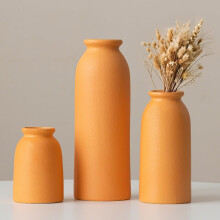 Ceramic Vase Set of 3 – Small Modern Farmhouse Decor Vases for Pampas & Dried Flowers, Distressed Orange Finish