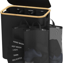 160L 3-Section Laundry Hamper with Lid, Removable Bags & Labels, Black