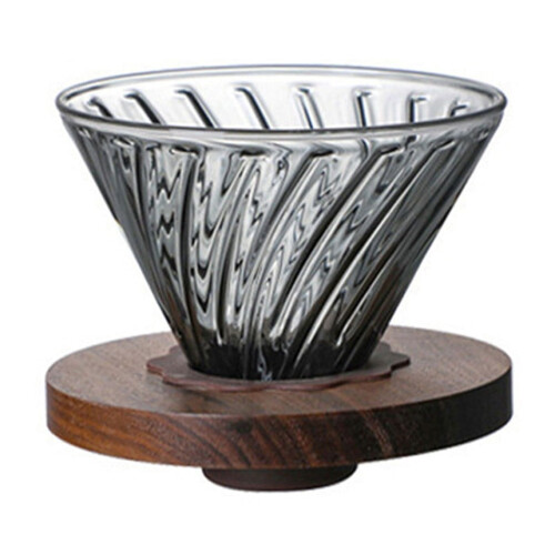 Cafetera de vidrio gris a rayas con base de madera. 1