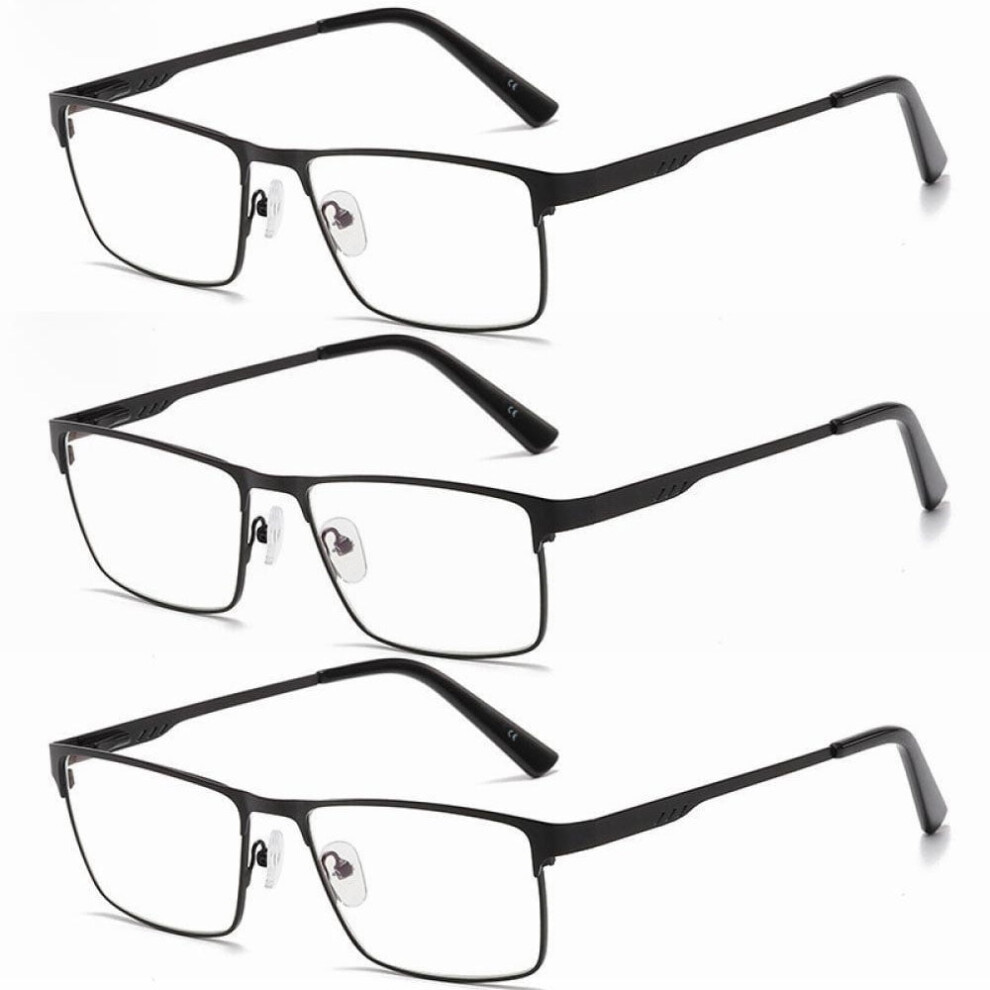 3 Pairs of Mens Classic HD Rectangle Reading Glasses +2.0, Metal Black Spring Hinges Classic Readers 2.0