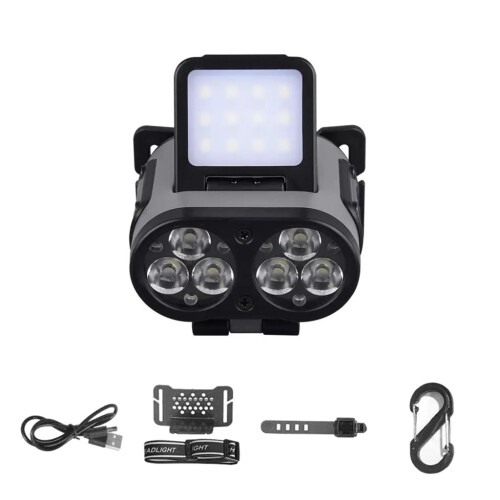 Linterna frontal LED recargable, ajustable e impermeable para exteriores.