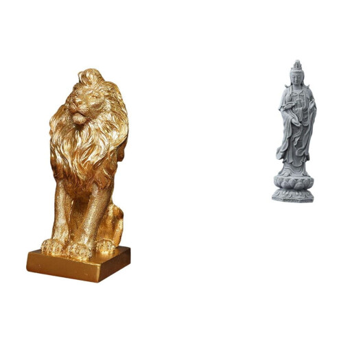 Löwenskulptur und Buddha-Figur, 2-teiliges Set