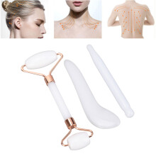 3-teilige Jadestein-Gua-Sha-Set Roller L Schaber Weiß
