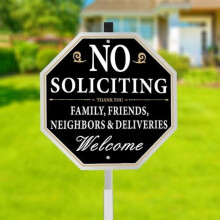 No Soliciting Sign for House with Stake, 10x10", 28" Metal Aluminum, Compatible with Home Use