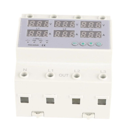 3 Phase DIN Rail Voltmeter Ammeter Automatic Overvoltage Overcurrent Protector AC 390‑500V 1