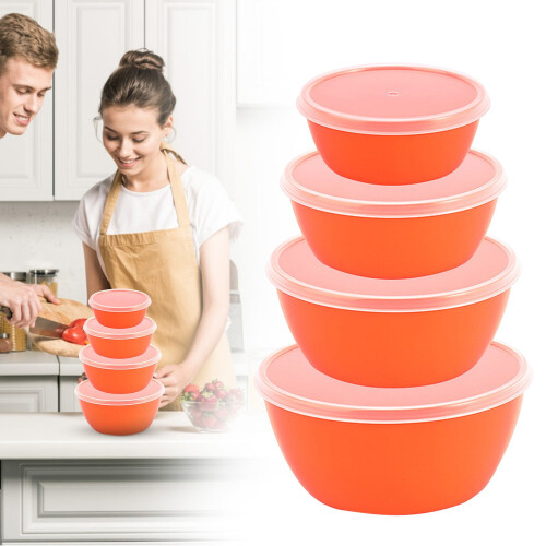 4-Pc Classic Plastic Prep Bowls with Lids, Nesting & Stackable, for Mixing, Baking, Prepping, Serving – Orange (Compatible with Standard Kitchen