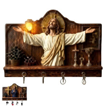 Wooden Multifunctional Key Holder with Christian Wall Art, Compatible with Home Entryway Decor