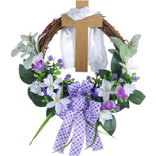 Húsvéti keresztkoszorú 35 cm-es lila szalaggal, liliom rattanból