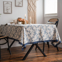 Blauw rechthoekig tafelkleed met bloemenprint, katoenlinnen, 140x180 cm