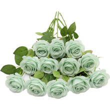 Bouquet de 12 roses artificielles en soie vert sauge à longues tiges, idéal pour un mariage, une fête prénuptiale, une réception ou la