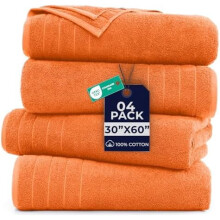 Lot de 4 serviettes de bain extra larges (76 x 152 cm), 100 % coton, séchage rapide, ultra douces et très absorbantes – Orange