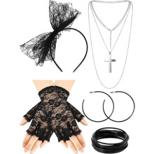 14-Piece 80s Retro Glam Accessory Set - Lace Headband, Statement Earrings, Fishnet Gloves, Necklace & Bracelets for Theme Parties
