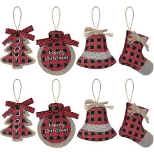 Christmas Decorations Tree Ornament, 8 Pcs Red Black Buffalo Check Plaid Stitching Burlap Hanging Ornaments, Hanging Decor
