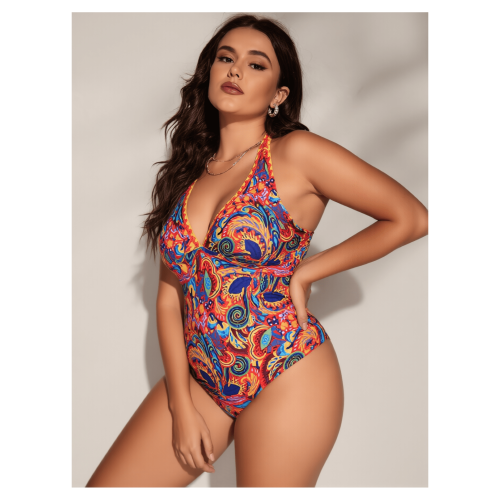 Maiô feminino plus size de uma peça com estampa e 2