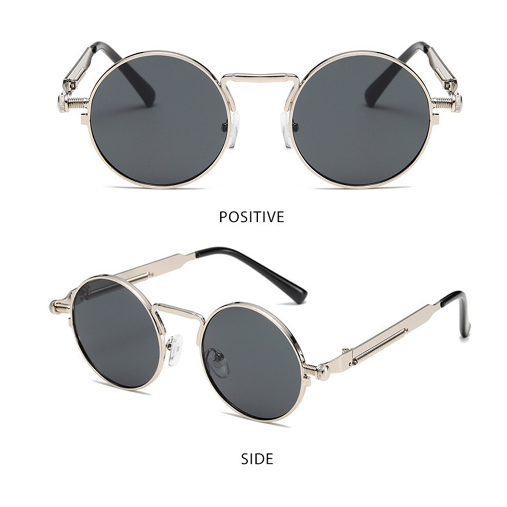 Penghui-Toys (Silver Frame Black Gray Pieces) Punk Sunglasses Round Metal Frame Colorful Lens